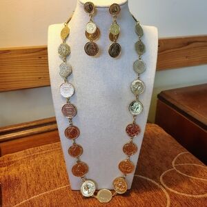 Vtg Queen Elizabeth & King George Faux Gold Tone Coin Necklace Earrings Set